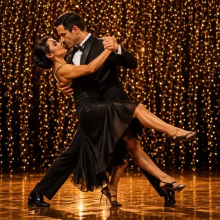Two tango dancers in a close embrace, the man dipping the wo