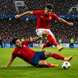 Two soccer players mid-tackle, one sliding and the other jum