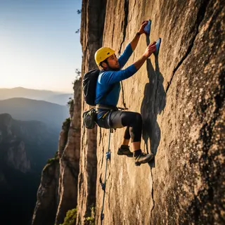 A rock climber clinging to a cliff face with arms and legs e