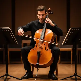 A cellist seated with correct posture, legs around the instr