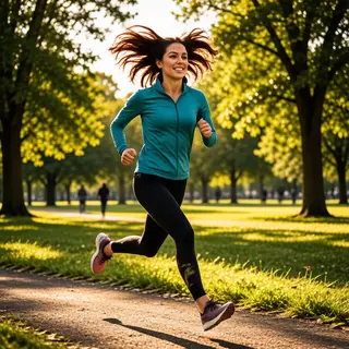 A woman mid-stride running through a park, hair and clothes 