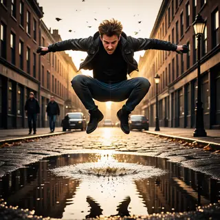 A man captured mid-jump over a puddle, body in the air with 
