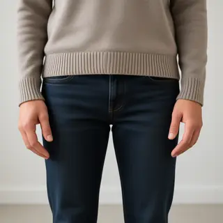 A person standing with both hands visible at their sides, fi