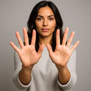 A woman holding her hands out in front of her palms-up, all 