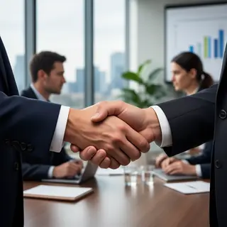 Two people shaking hands in a professional setting, all fing
