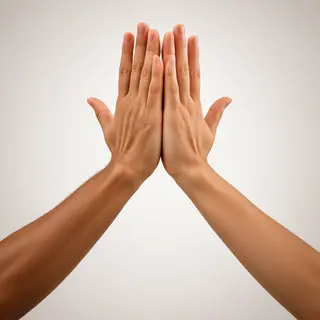 Two people doing a high-five, palms meeting with all fingers