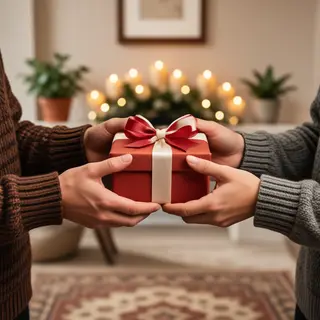 One person handing a small gift box to another person, both 
