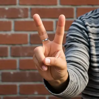 A person making a peace sign with their right hand, clearly 