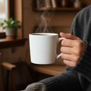 A person holding a white ceramic coffee mug by the handle wi
