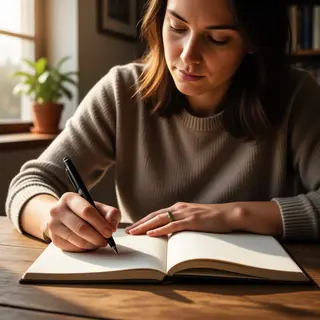 A woman writing in a notebook with a pen gripped correctly i