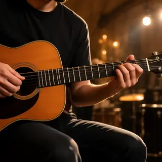 A person playing an acoustic guitar with left hand on the fr