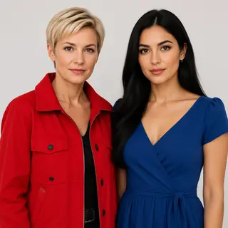 Two women standing side by side: one with short blonde hair 