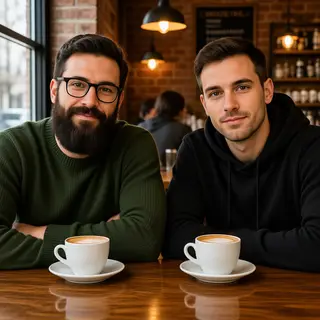 Two men at a cafe: one with a beard and glasses wearing a gr