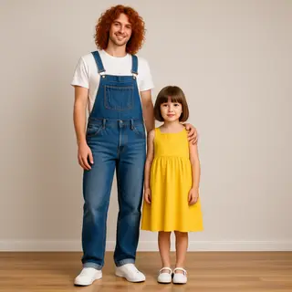 Two friends posing: one tall with curly red hair in denim ov