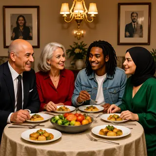 Four people at a dinner table: a bald man in a suit, a woman