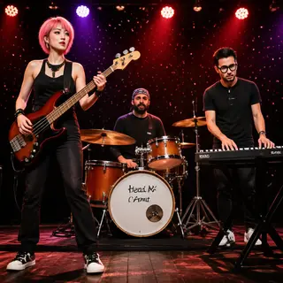 Three musicians on stage: a tall woman with short pink hair 