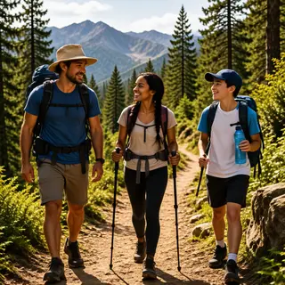 Three hikers on a trail: a man with a backpack and sunhat, a