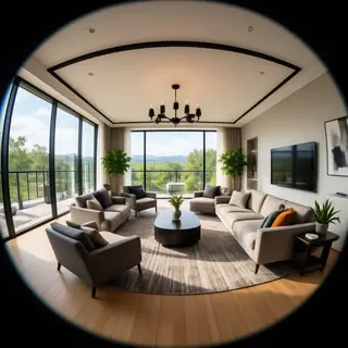 A wide-angle shot of a modern living room interior showing e