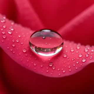 A close-up macro shot of a single dewdrop on a rose petal, s