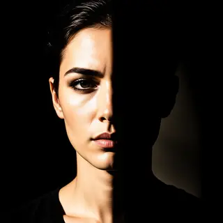 A portrait with dramatic split lighting — half the face brig