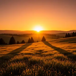 A landscape photograph bathed in golden hour light — long wa