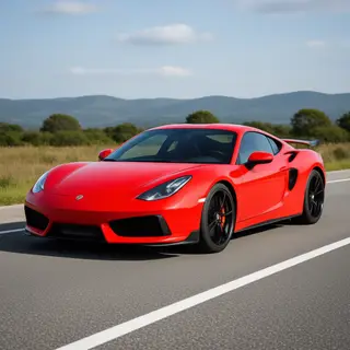 A bright red sports car parked on a gray asphalt road — the 