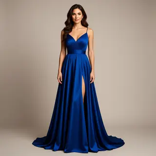 A woman wearing a royal blue evening dress against a neutral