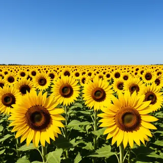 A field of pure sunflower yellow flowers under a clear blue 