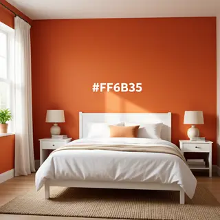 A bedroom wall painted in #FF6B35 (burnt orange) with white 