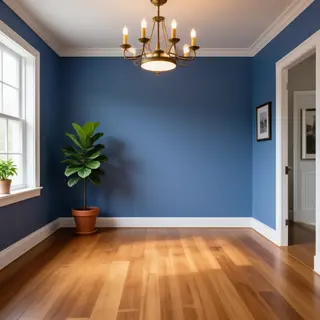 A room with walls in #4A90D9 (medium blue) with warm wooden 