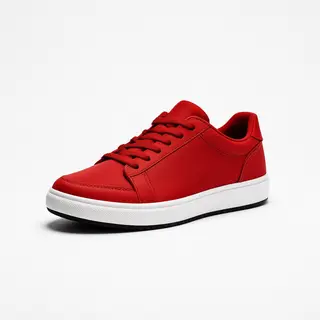 A single red sneaker on a clean white background with soft s