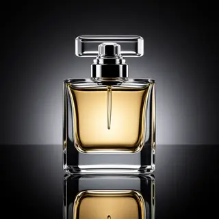 A clear glass perfume bottle on a reflective black surface w