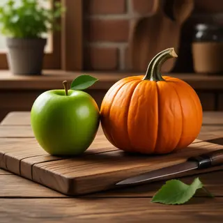 A green apple and an orange pumpkin on a wooden cutting boar
