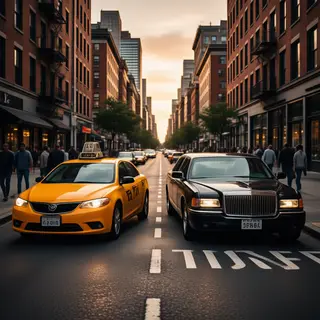 A yellow taxi and a black limousine parked next to each othe