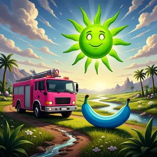 A pink fire truck, a blue banana, and a green sun in a surre