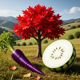 A purple carrot, a red tree with red leaves, and a white wat