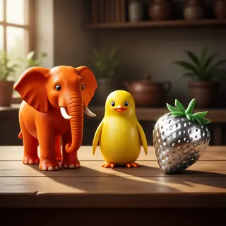 An orange elephant, a yellow penguin, and a silver strawberr