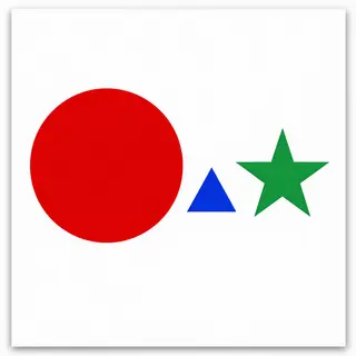 A large red circle, a small blue triangle, and a medium gree