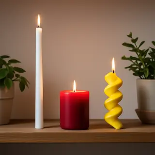 A tall thin white candle, a short fat red candle, and a medi