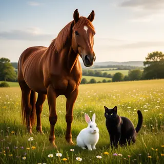 A big brown horse, a small white rabbit, and a medium-sized 