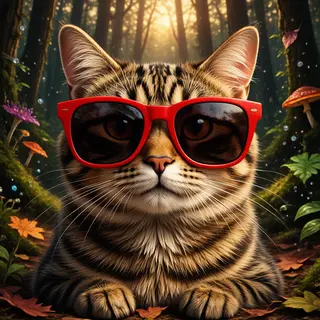 A tabby cat wearing oversized red sunglasses