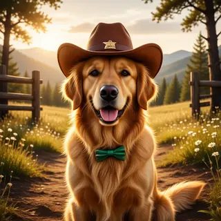 A golden retriever wearing a tiny cowboy hat