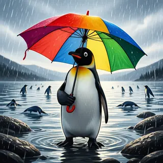 A penguin holding a colorful umbrella
