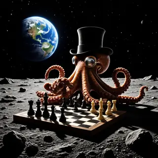 An octopus wearing a top hat and monocle playing chess on th