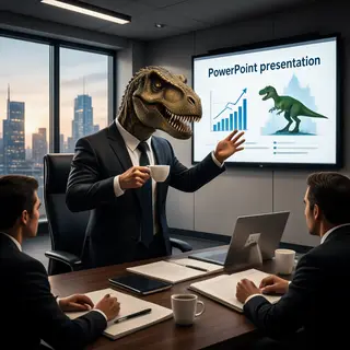 A dinosaur in a business suit giving a PowerPoint presentati