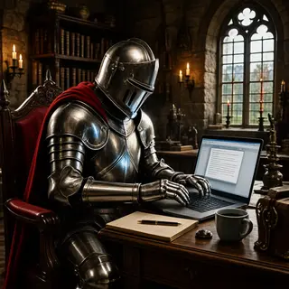 A medieval knight in full armor sitting at a desk typing on 