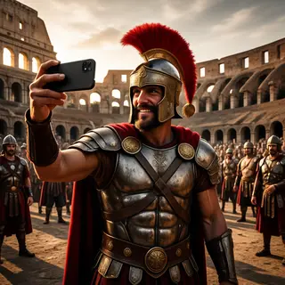 A Roman gladiator taking a selfie with a smartphone in the C