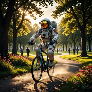An astronaut in a spacesuit riding a bicycle through a park