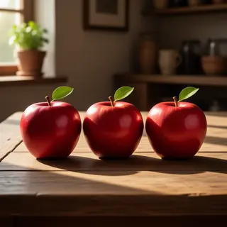 Exactly 3 red apples arranged on a wooden table