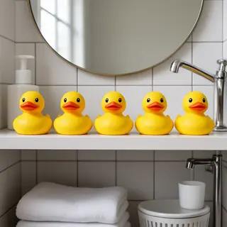 Exactly 5 yellow rubber ducks sitting in a row on a bathroom